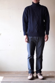 John Cooper Knitwear, Kearney Aran Cable, Roll Neck, Navy-1