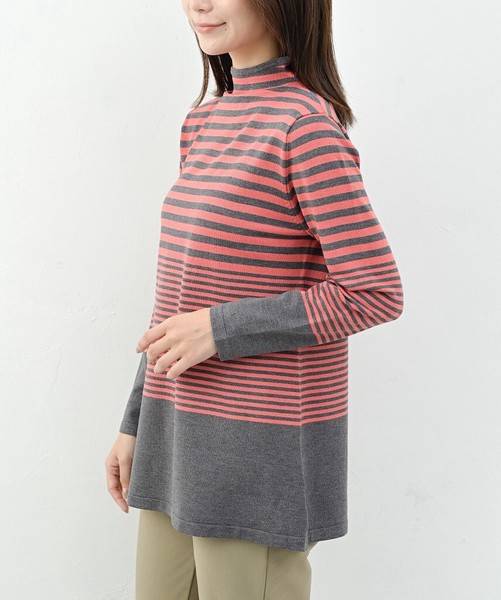 レーヨンストレッチボーダー ボトルネックロング丈【44307】