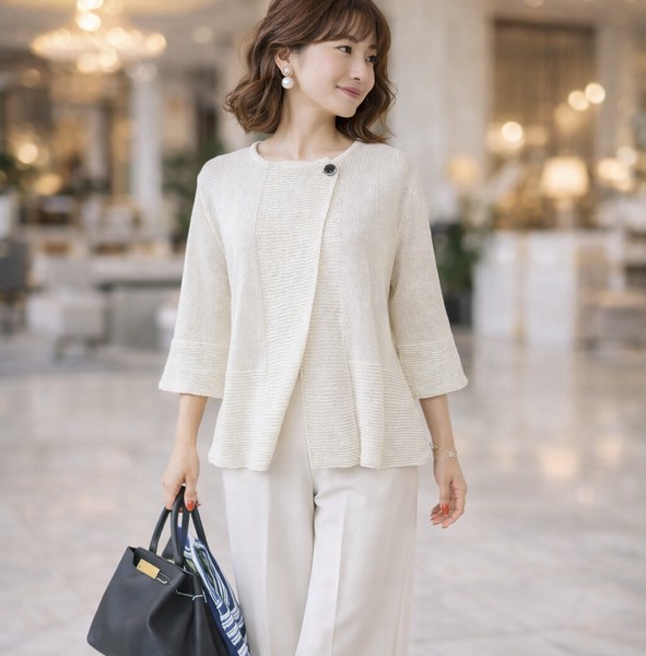 和紙ニット/ガーター編み切替 前重ね1釦7分袖カーディガン【13307】