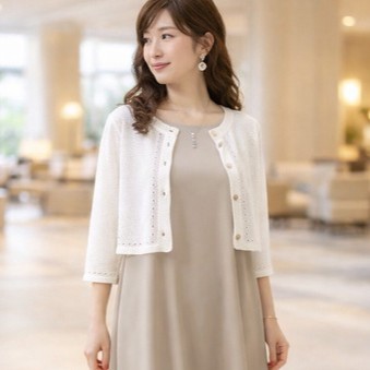 和紙ニット 裾袖口透かし編み７分袖ショート丈カーディガン【13309】