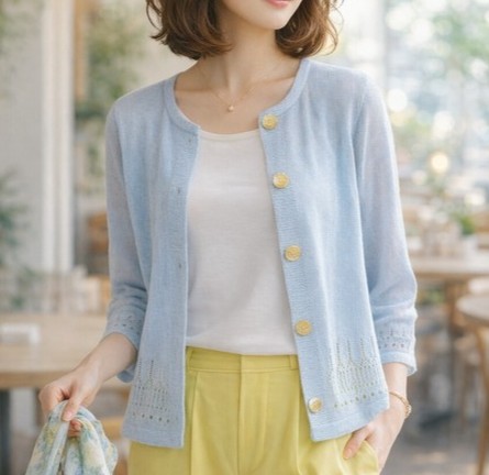 和紙ニット 裾袖口透かし編み７分袖カーディガン【13310】