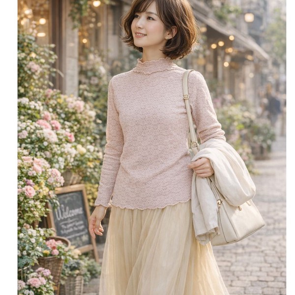 【綿混】総ストレッチレースハイネック【26001】