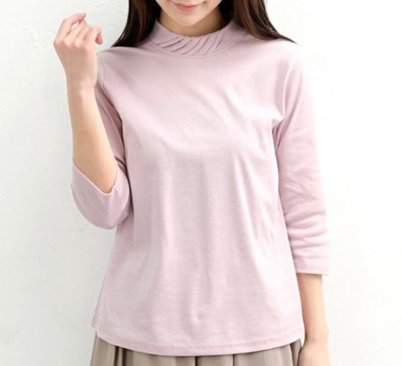 【清涼コットン】襟斜めタック入りハイネック７分袖【36201】