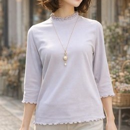 【清涼コットン】Wメロウ仕上げプチハイネック７分袖【36209】