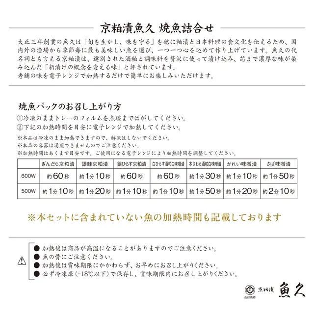 魚久 冷凍焼魚の電子レンジ加熱時間の目安を記載した案内用紙