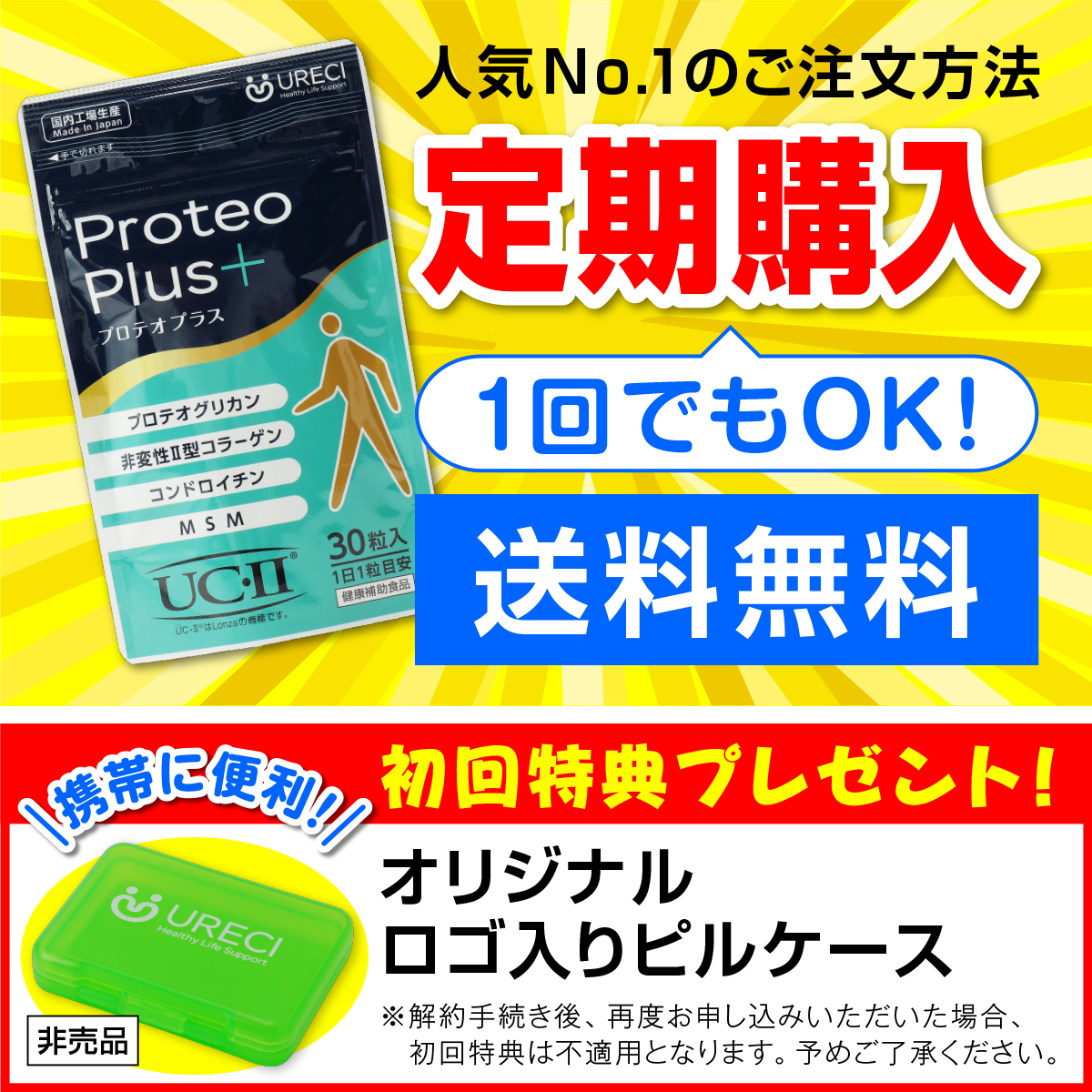 【お得な定期購入】プロテオプラス 30粒(約1ヶ月分) プロテオグリカン 非変性II型コラーゲン(UC-II/UC-2) コンドロイチン MSM 日本製 ネコポス