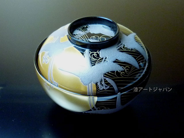 蒔絵吸い物椀「波に鶴」