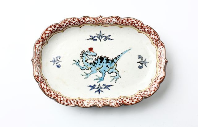松浦コータロー 33 色絵クリオロフォサウルス楕円輪花皿 ｜ 暮らしの