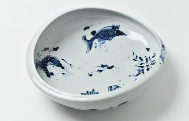 北野敏一（犀ノ音窯） 海老に双魚図たわみ大鉢 ｜ 暮らしのうつわ花田