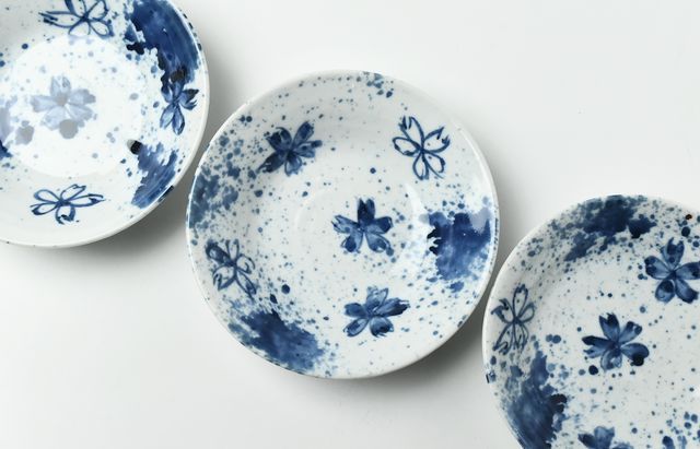 和食器　染付　吹墨文小皿　十二客　書付箱　V　R7437 和食器 染付 吹墨文小皿 十二客 書付箱 V R7437