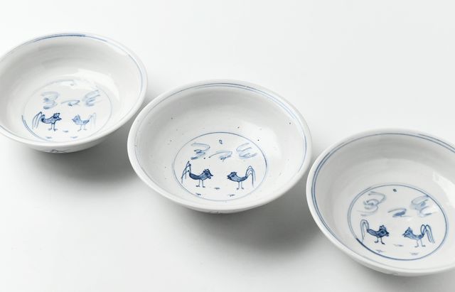 【美品】水垣千悦　染付 蝙蝠文 鉢　皿 5点セット 水垣千悦 51 染付4寸鉢 庭にいる二羽のニワトリ ｜ 暮らしのうつわ花田