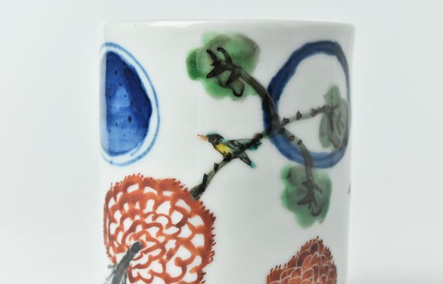 正木春蔵 色絵染附花鳥文楕円筒E ｜ 暮らしのうつわ花田 和食器 通販
