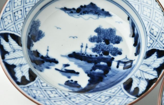 【時代磁器　瀬戸　富士に帆掛山水図染付７寸皿（五枚）】 時代磁器 瀬戸 富士に帆掛山水図染付7寸皿（五枚）】 - メルカリ