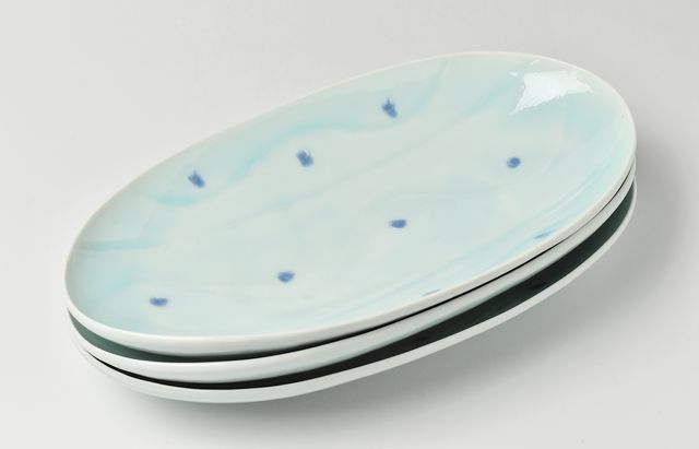 鈴木重孝 青白磁青斑点線文長楕円浅大鉢 ｜ 暮らしのうつわ花田 和食器