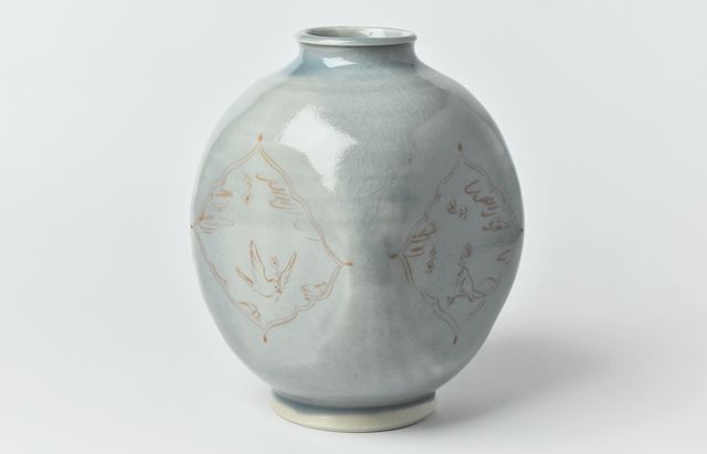 稲村真耶 渋蒼釉赤絵壺
