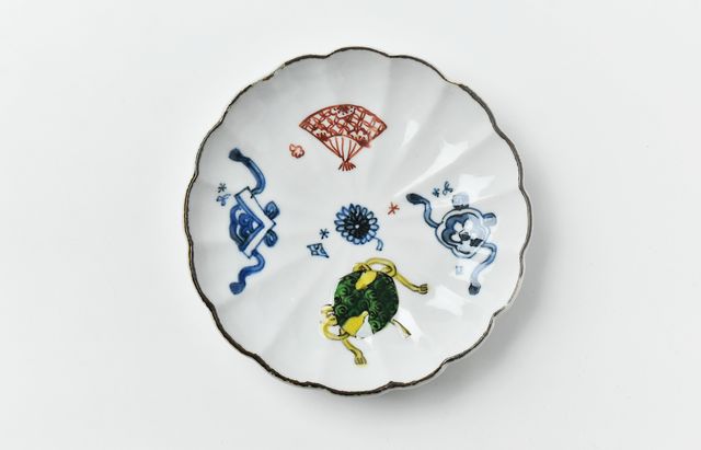 浦陽子 2 色絵扇図菊形皿