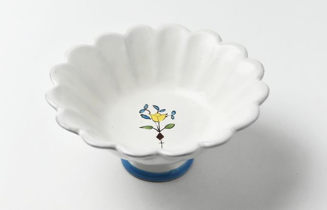 安部太一 20C 白釉色絵輪花ボウル足付
