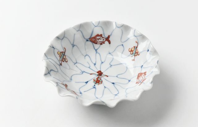 九谷青窯 144 網魚文輪花4寸鉢