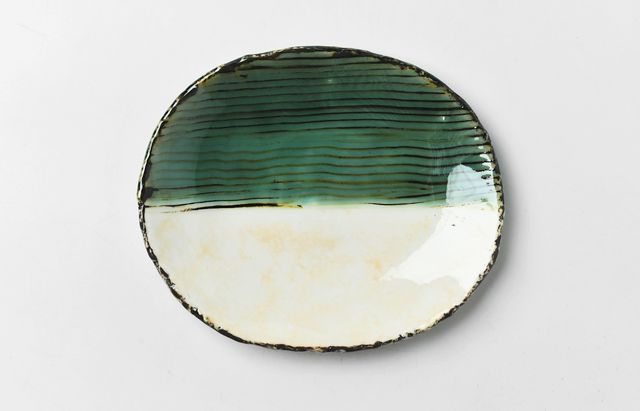 鈴木重孝 30 薄紅化粧織部釉掛け分け楕円小皿