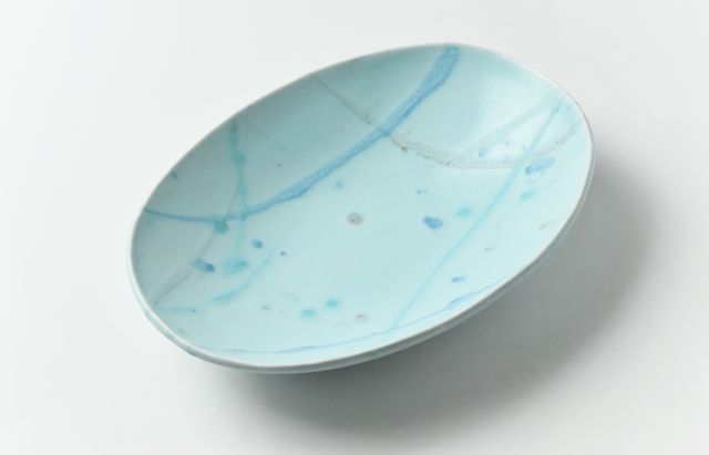 鈴木重孝 17A トルコペールブルー釉打ち水文楕円パスタ皿