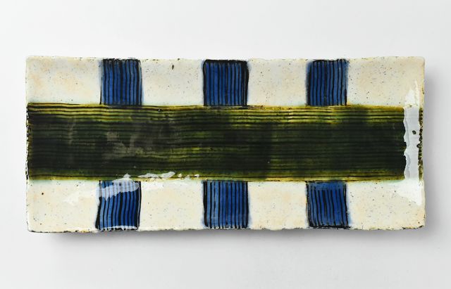 鈴木重孝 6 織部・ルリ釉塗り分け長方大皿