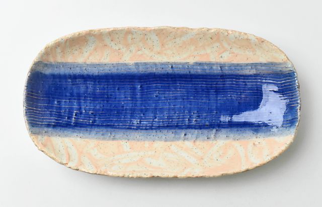 鈴木重孝 10 薄紅化粧指頭文ルリ釉ストライプ長楕円深皿（大）