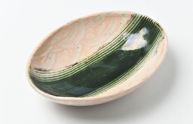 鈴木重孝 18 薄紅化粧指頭文織部ストライプ楕円中鉢