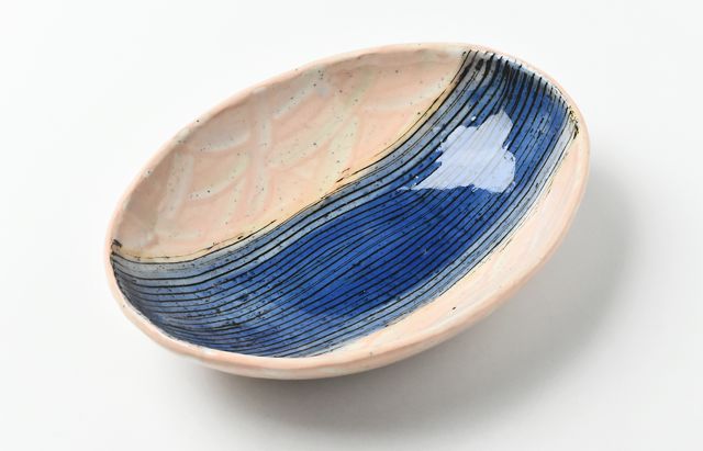 鈴木重孝 19 薄紅化粧指頭文ルリ釉ストライプ楕円中鉢