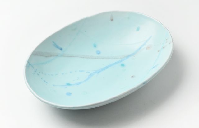 鈴木重孝 8 トルコペールブルー釉打ち水文楕円大鉢