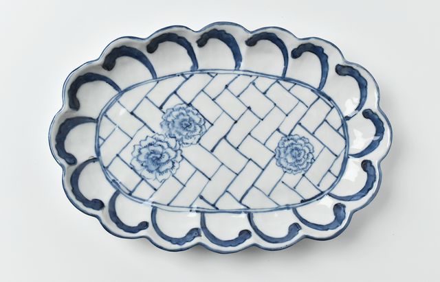 正木春蔵 染付 網代波文輪花楕円皿X