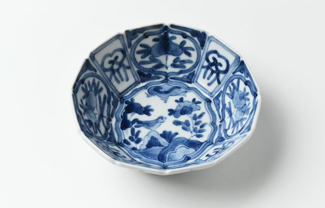 堀畑蘭 5　十二角小鉢 染付芙蓉手花小鳥図　