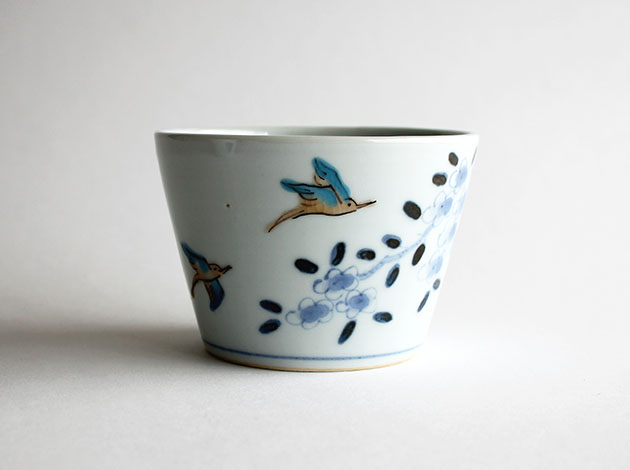 清水なお子　色絵草花に鳥フリーカップ