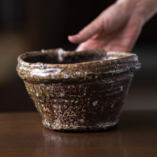 京名工　真清水蔵六造　伊賀耳付花入　花瓶　共箱　C　R5264 京名工 真清水蔵六造 伊賀耳付花入 花瓶 共箱 C