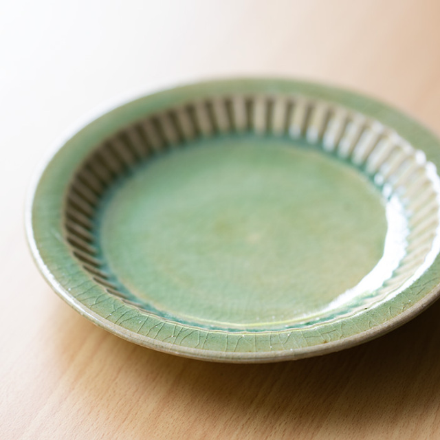 山本雅彦さん　木の実六寸皿3枚 和食器 森緑釉鎬皿-21cm-（MY-060） 作家「山本雅彦」