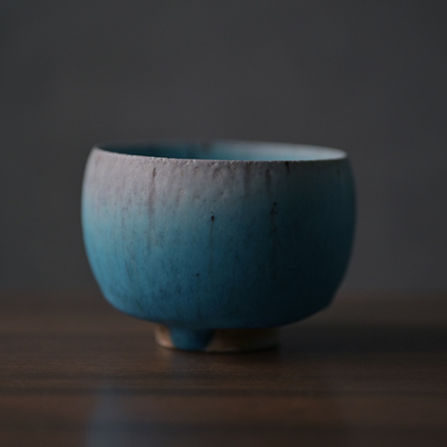 山田想　青茶碗　常滑　人気作家 山田想 花形青茶碗 作家もの常滑焼 登り窯焼成 抹茶茶碗 茶道 桐箱