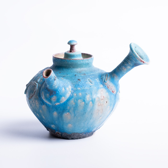 山田想　青茶碗　常滑　人気作家 青急須（共箱付no.1） 作家「山田想」