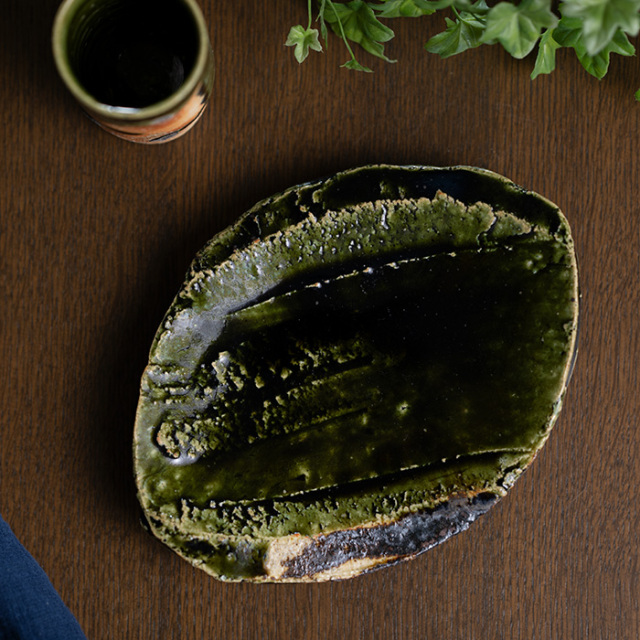 織部焼　大皿　作家物 和食器 大和織部楕円皿 作家「金本卓也」