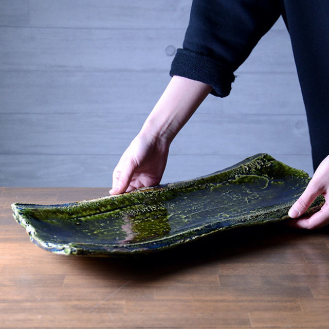 和食器　大和織部足付長皿-大（TK-041）　作家「金本卓也」