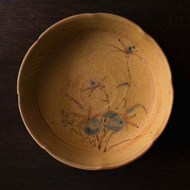 柚子手黄瀬戸草文鉢（共箱付）　 作家「瀬津義雄」