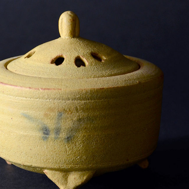 柚子手黄瀬戸香炉（共箱付A）　作家「瀬津義雄」