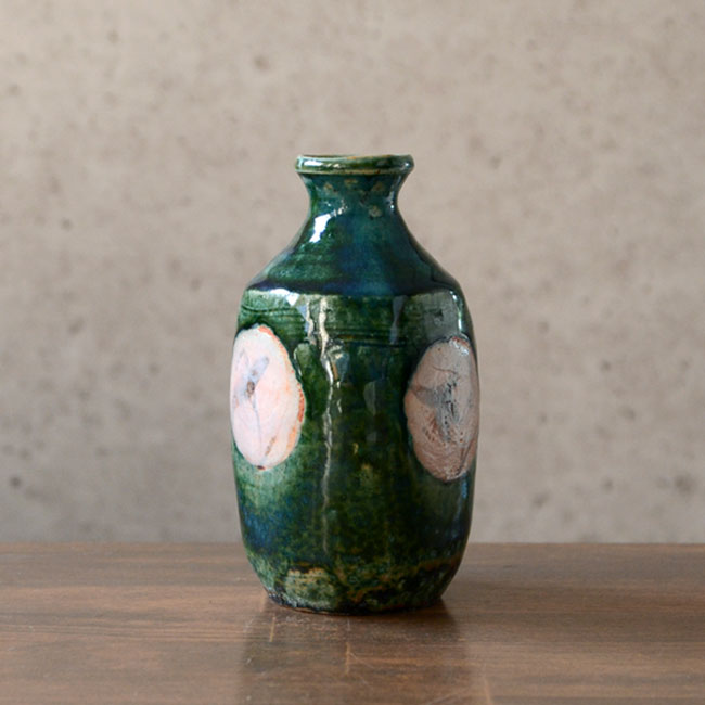 京織部草文徳利（共箱付A）　作家「瀬津義雄」