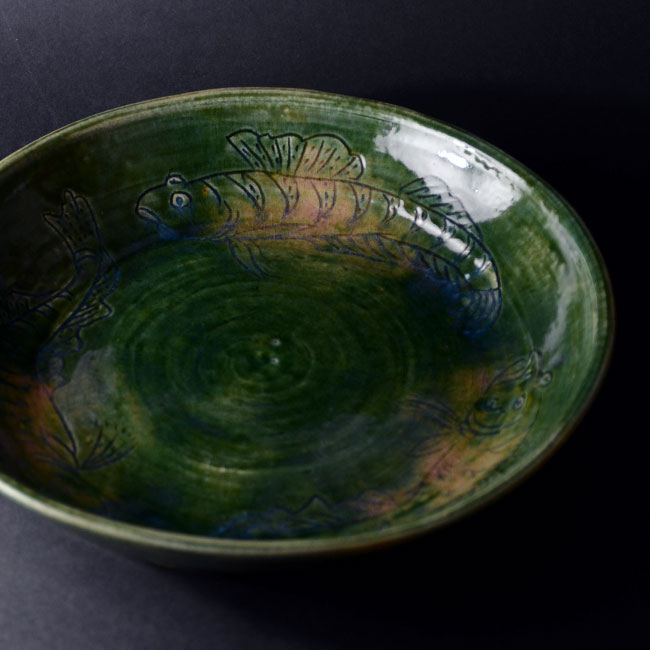 京織部魚文鉢（共箱付）　作家「瀬津義雄」 