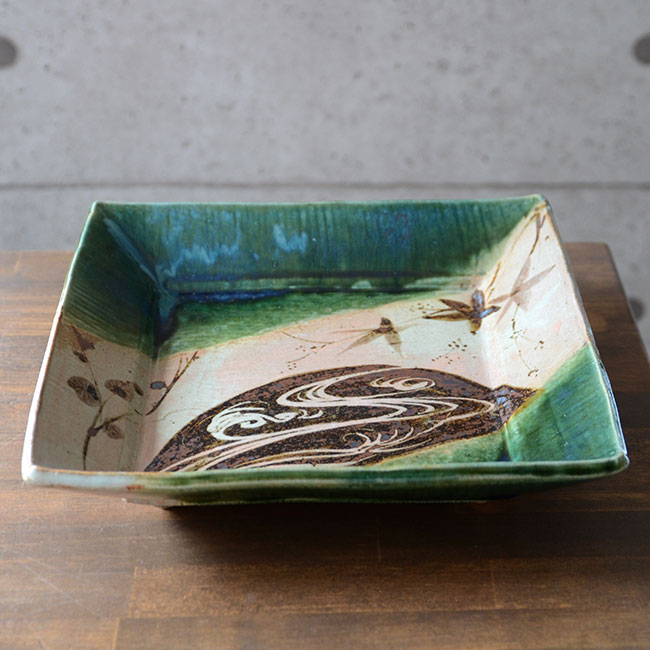 京織部流水文角鉢（共箱付）　作家「瀬津義雄」