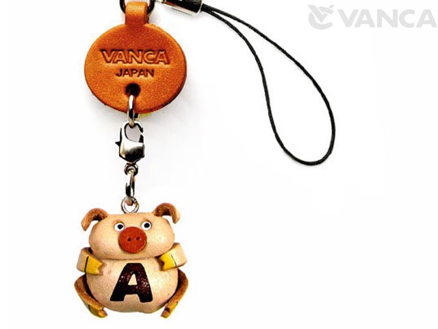 本革レザーイニシャル動物携帯ストラップ　ぶた　A