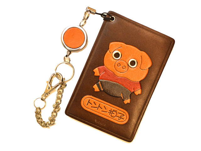 ぶた 【トントン拍子】ダジャレ 定期入れ/パスケース/カード入れ 革/レザー メール便送料無料 日本製【VANCA/バンカクラフトダジャレ/革物語】