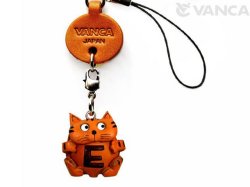 本革レザーイニシャル動物携帯ストラップ　ねこ　E