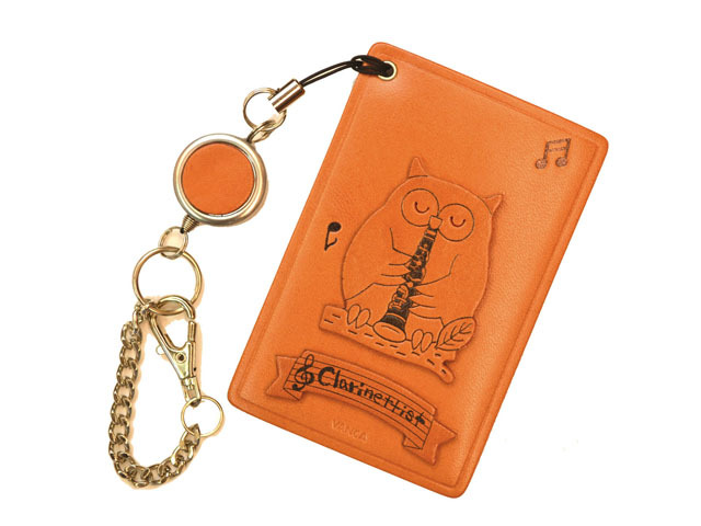 動物+楽器/クラリネット ふくろう 定期入れ/パスケース 革/レザー