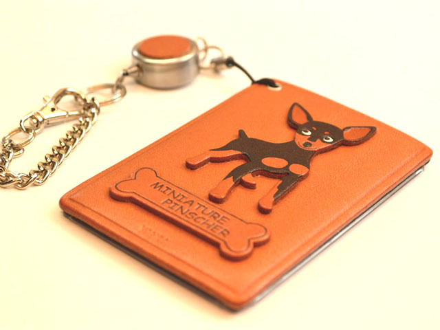 ミニチュアピンシャー ブラックタン/犬 定期入れ/パスケース 革/レザー