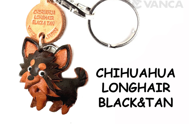 チワワロングヘアー ブラックタン キーホルダー:レザー本革-革物語の