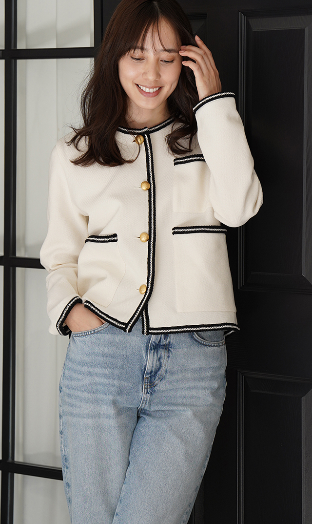 【アダワス】ライトインレイニットトリムジャケット白